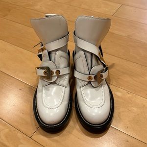 Balenciaga white leather cutout buckle boots